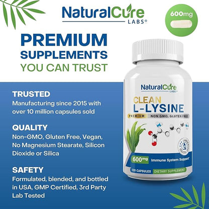 Clean L-Lysine 600mg, 120 Capsules | Vegan, Non-GMO, & Gluten Free