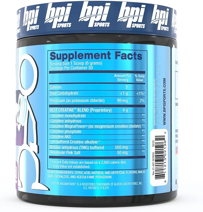 BPI Sports Best Creatine - Creatine Monohydrate, Himalayan Salt - strength, Pump, Endurance, Muscle Growth, Muscle Definition - No Bloat - Snow Cone - 50 servings - 10.58 Oz