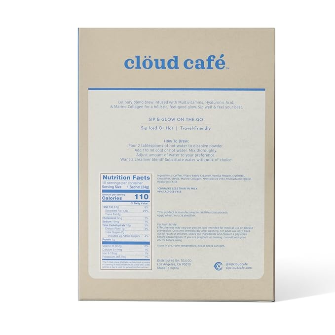 Collagen Infused Vanilla Latte Instant Coffee Packets - Hyalruonic Acid, Multivitamin Powder, & Marine Collagen Single Serve Instant Coffee (10 Sachets)