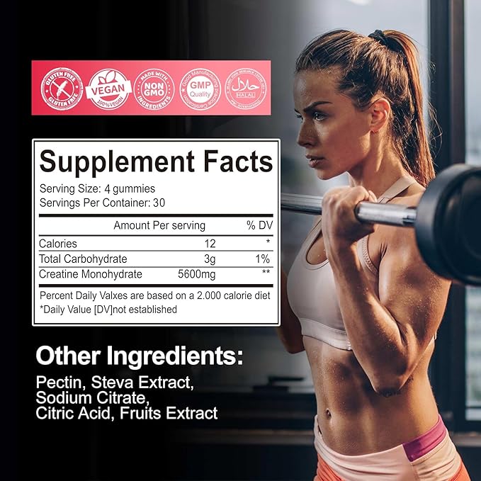 Creatine Monohydrate Gummies for Men & Women 120 CT - 5600mg of Creatine Monohydrate per Serving - Sugar Free Chewable Creatine for Muscle Strength, Energy Boost, Muscle Builder (Strawberry Flavor)