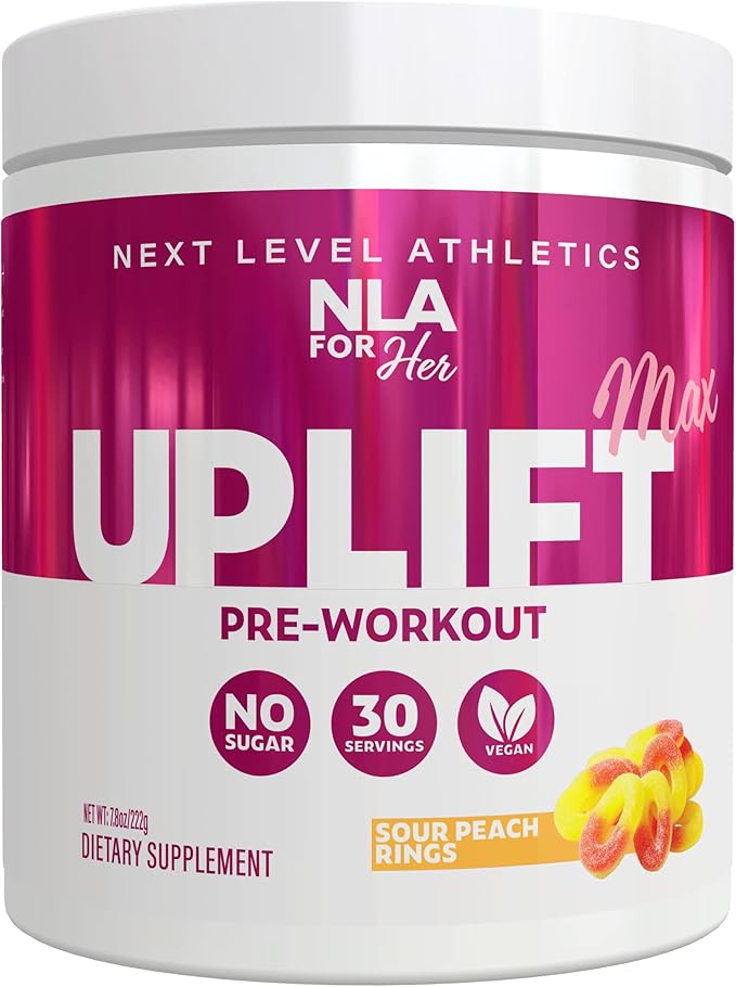Uplift MAX Pre-Workout Energy For Women (Sour Peach Rings)- 30 Servings- Clean/Sustained Energy, Supports Athletic Performance, Helps Fast Twitch Muscle Fiber Activation (Caffeine, Vegan, GF, 15 Cals)