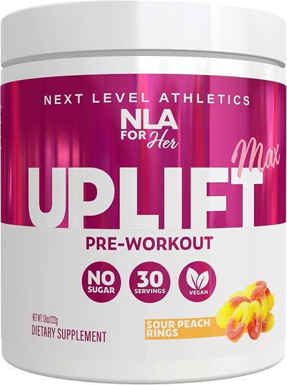 Uplift MAX Pre-Workout Energy For Women (Sour Peach Rings)- 30 Servings- Clean/Sustained Energy, Supports Athletic Performance, Helps Fast Twitch Muscle Fiber Activation (Caffeine, Vegan, GF, 15 Cals)
