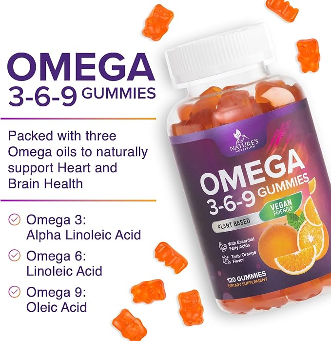 Omega 3 6 9 Vegan Gummies - Triple Strength Omega 3 Supplement Essential Oil Gummy - Omega 369 Heart Support and Brain Support for Women, Men & Pregnant Women, Non-GMO, Orange Flavor - 120 Gummies