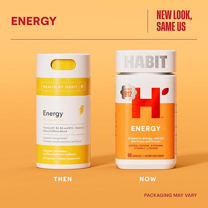 Habit Energy Supplement (60 Capsules) - New Look, Supports Energy, Alertness and Focus, Natural Caffeine, Vitamins B & C, Green Tea Extract, Vegan, Non-GMO (1 Pack)