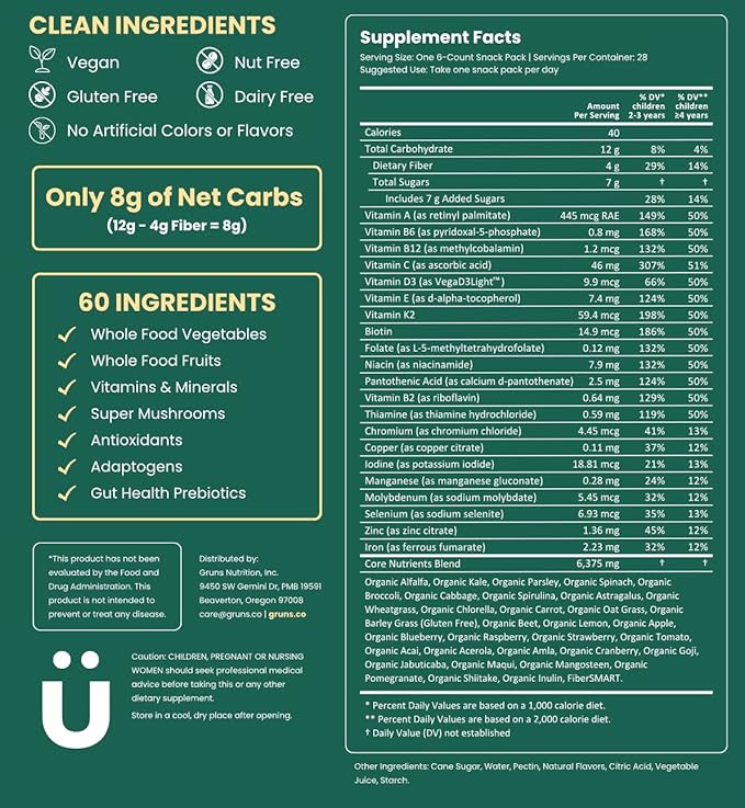 Gruns Kids Super Greens Gummies, Low Sugar - Superfood Gummy Bears with Spirulina, Chlorella & Prebiotics for Digestive Health - Adaptogens Supplement with 20 Vitamins & Minerals -1 Month Supply