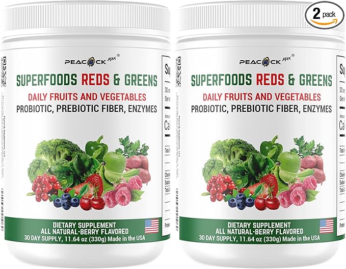Superfood Reds & Greens Powder - 11.64 oz, Pack of 2, Prebiotics & Probiotics for Digestive Health, Super Greens Powder with Ashwagandha for Gut Health, Immunity, Antioxidants, Vegan