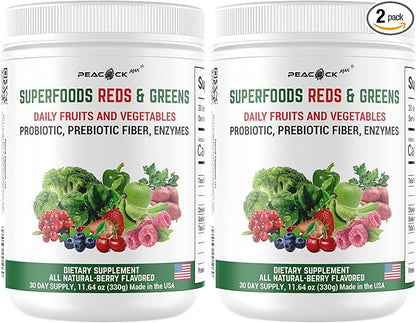 Superfood Reds & Greens Powder - 11.64 oz, Pack of 2, Prebiotics & Probiotics for Digestive Health, Super Greens Powder with Ashwagandha for Gut Health, Immunity, Antioxidants, Vegan