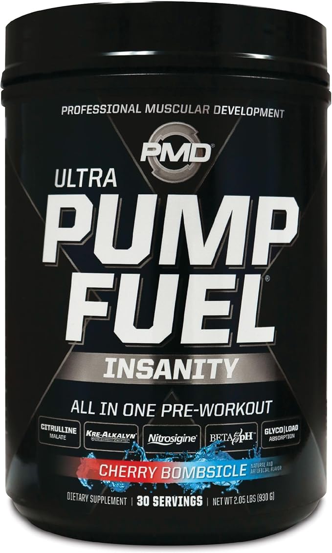 PMD Sports Ultra Pump Fuel Insanity - Pre Workout Drink Mix for Energy, Strength, Endurance, Recovery - Complex Carbohydrates and Amino Energy - Cherry Bombsicle (30 Servings)