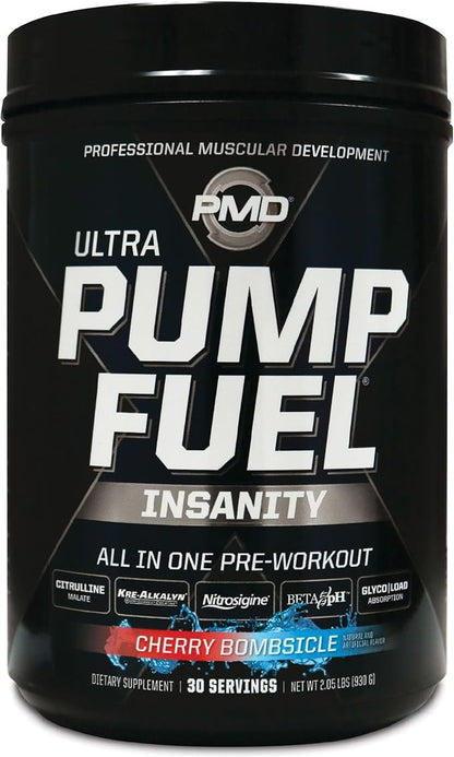 PMD Sports Ultra Pump Fuel Insanity - Pre Workout Drink Mix for Energy, Strength, Endurance, Recovery - Complex Carbohydrates and Amino Energy - Cherry Bombsicle (30 Servings)