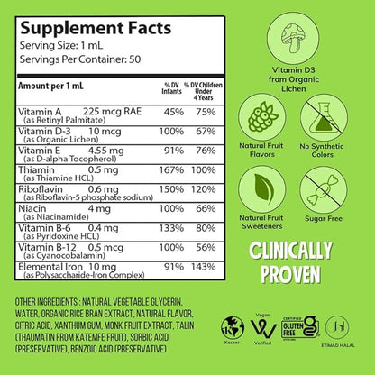 NovaFerrum Delish | Vegan Multivitamin with Iron for Infants, Toddlers & Kids | Immune Support | Organic Plant-Based D-3 | Gluten Free | Vegan Verified | Sugar Free | 1.69 Fl Oz (50 mL)