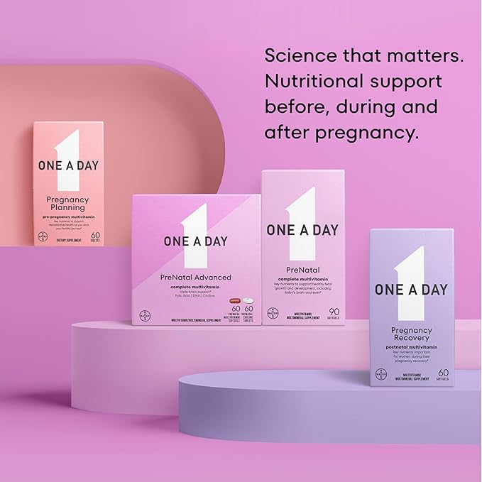 ONE A DAY Women’s Prenatal Advanced Complete Multivitamin with Brain Support* with Choline, Folic Acid, Omega-3 DHA & Iron for Pre, During & Post Pregnancy, 60+60 Ct (120 Total) (Packaging May Vary)