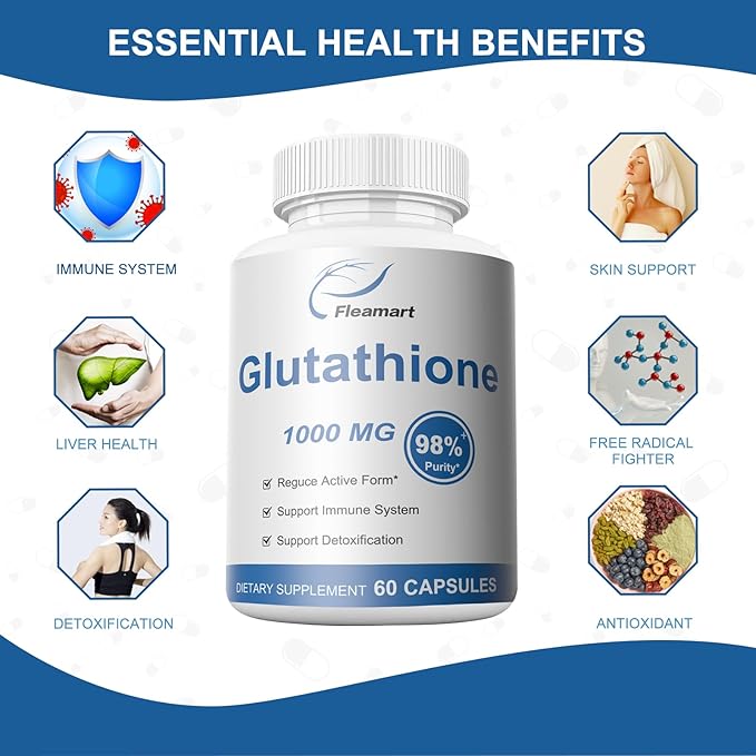Glutathione Supplement 98%+ Highly Purified and Bioavailable - Skin Care & Detoxification L-Glutathione 1000mg Immune & Liver Support - Made in The USA, 2 Packs
