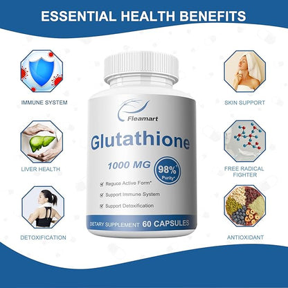Glutathione Supplement 98%+ Highly Purified and Bioavailable - Skin Care & Detoxification L-Glutathione 1000mg Immune & Liver Support - Made in The USA, 2 Packs