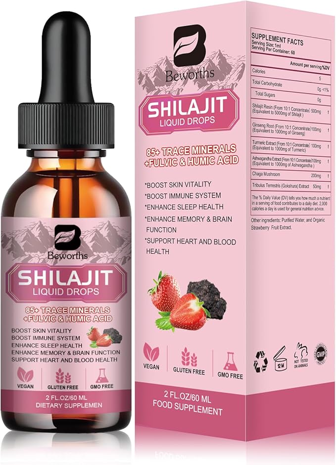 Shilajit Resin Liquid Drops | Shilajit for Men and Women with Ashwagandha, Turmeric, Ginseng, Chaga, 85+ Trace Minerals Fulvic Acid Shilajit Resin Complex for Immune Support, Energy Booster - Vegan