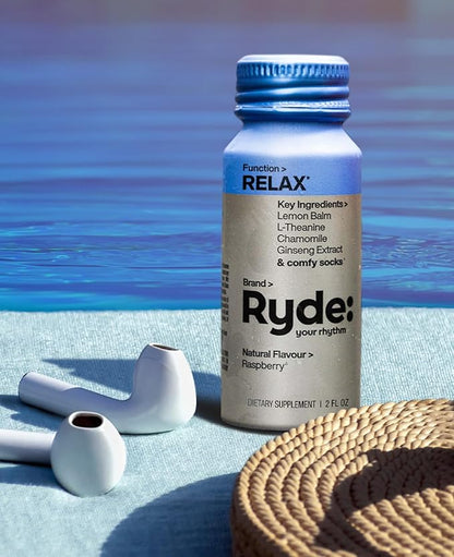 Ryde: Relax Shot | Raspberry Flavor | Lemon Balm, L-Theanine, Ginseng & Chamomile |0 Calories, 0 Sugar | 2 FL OZ Shots | Helps You Relax* (24 Pack)