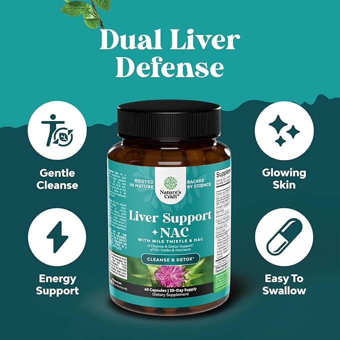 Liver Support Supplement with NAC - Herbal Liver Supplement with N Acetyl Cysteine Silymarin Milk Thistle Extract Dandelion Root Artichoke Extract Choline Bitartrate and Berberine for Liver Cleanse