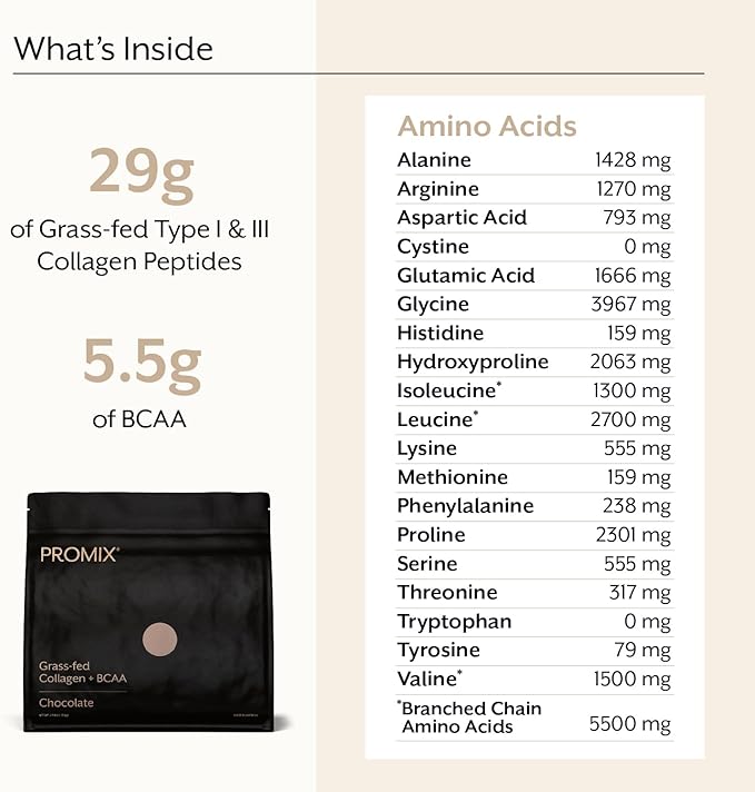 Promix Collagen Peptides and BCAA, Chocolate, 2.5lb Bulk - Hydrolyzed Collagen Protein Promotes Healthy Skin, Bones, Joints & Recovery Support - Add to Shakes, Smoothies, Beverages & Baking recipes.