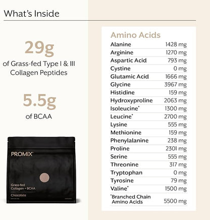 Promix Collagen Peptides and BCAA, Chocolate, 2.5lb Bulk - Hydrolyzed Collagen Protein Promotes Healthy Skin, Bones, Joints & Recovery Support - Add to Shakes, Smoothies, Beverages & Baking recipes.