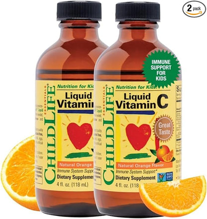 CHILDLIFE ESSENTIALS Liquid Vitamin C - Liposomal Vitamin C Liquid, Pure Vitamin C, Vitamin C for Kids, Liquid Supplement, Immune System Support, Great Taste - Natural Orange, 4 Fl Oz (Pack of 2)