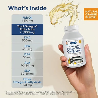 ANDREW LESSMAN Maximum Essential Omega-3 Orange - 360 Softgels - Ultra-Pure, High Potency Omega-3 Oils. High DHA, No Stomach Upset, No Contaminants, No Mercury. Small Easy to Swallow Softgels