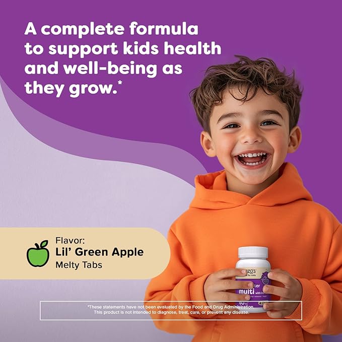 Renzo’s Picky Eater Kids Multivitamin with Iron - Dissolving Kids Vitamins with Vitamin D3 & K2 and More - 60 Sugar-Free Melty Tabs, Lil’ Green Apple Flavored