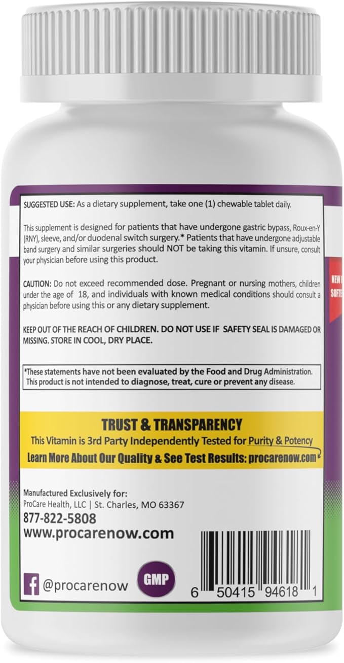 Procare Health Bariatric Multivitamin with Iron 45mg Chewable (30 Tablets) - Fruit Punch Flavor Bariatric Multivitamin Chewable Pills for Gastric Bypass & Sleeve Gastrectomy Patients (01 Month Supply)