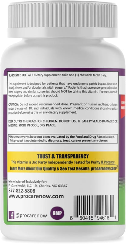 Procare Health Bariatric Multivitamin with Iron 45mg Chewable (30 Tablets) - Fruit Punch Flavor Bariatric Multivitamin Chewable Pills for Gastric Bypass & Sleeve Gastrectomy Patients (01 Month Supply)