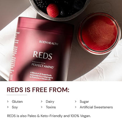 BodyHealth Perfect Reds (30 SVG) Superfood Berry Powder Antioxidant Drink, Fruit Powder Mix for Smoothies with Fruit, Vegetables, Superfoods, Phytonutrients, Fiber, and PerfectAmino Protein
