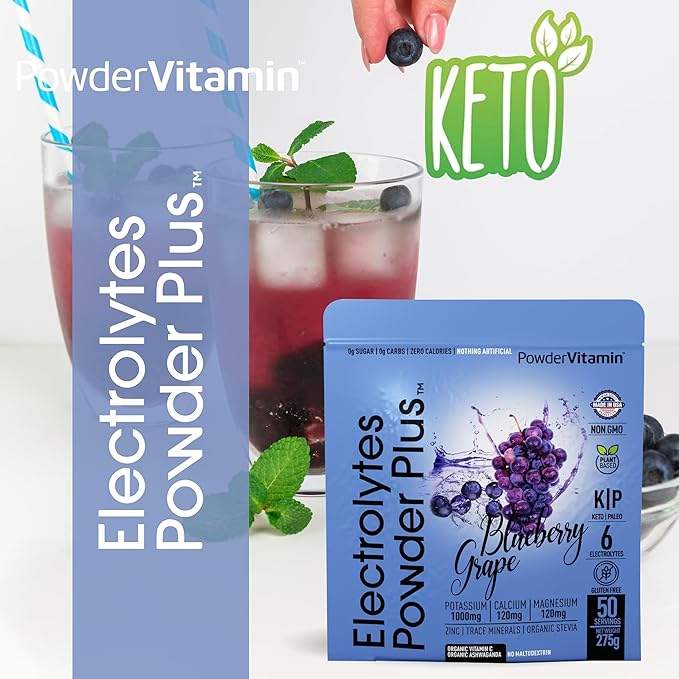 Electrolytes Powder Plus (50 Servings), 0 Calorie Keto, 0 Sugar, No Maltodextrin,1000mg Potassium,120mg Calcium,120mg Magnesium, Hydration Powder (50 Servings, Blueberry Grape)
