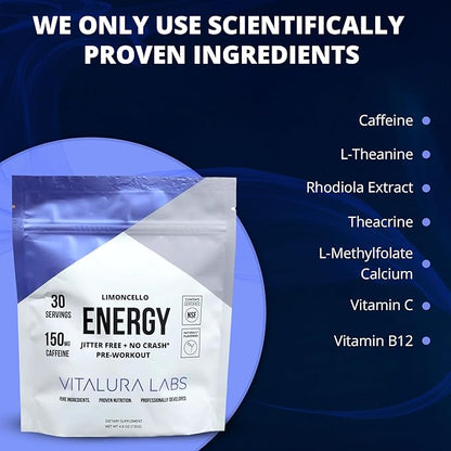 Vitalura Labs Pre-Workout Powder - Caffeine, Theacrine, Rhodiola & L-Theanine for Energy & Endurance - NSF Content Certified - Limoncello Flavored - 30 Servings