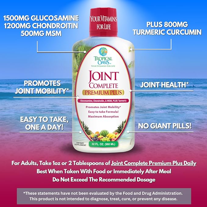Joint Complete Premium Premium Plus - Liquid Joint Supplement w/Glucosamine, Chondroitin, MSM Plus 800mg Turmeric – 98% Max Absorption – 32oz, 32 serv