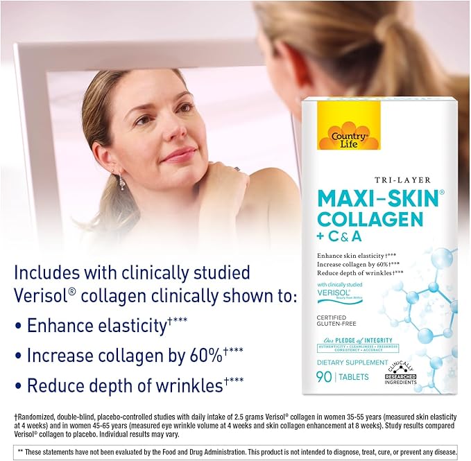 Country Life Verisol Collagen Peptides Tablets - Reduce Depth of W[KB2] rinkles & Enhance Skin Elasticity-90 Tablets-Includes Vitamin A&C - Collagen Powder for Women & Men - Boost Skin Collagen by 60%