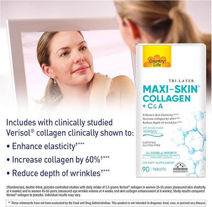 Country Life Verisol Collagen Peptides Tablets - Reduce Depth of W[KB2] rinkles & Enhance Skin Elasticity-90 Tablets-Includes Vitamin A&C - Collagen Powder for Women & Men - Boost Skin Collagen by 60%