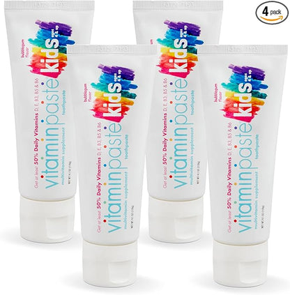 Kids Toothpaste with Daily Multivitamins B3, B5, B6, D, E, Xylitol, Calcium, Fluoride Free, Fresh Breath, Fights Tarter, Anti-Cavity, Safe to Swallow, 4.1oz, Bubble Gum Flavor, 4-Pack