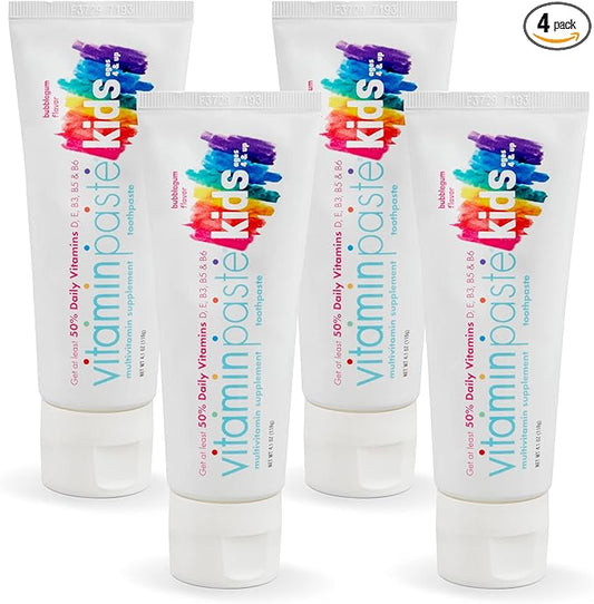 Kids Toothpaste with Daily Multivitamins B3, B5, B6, D, E, Xylitol, Calcium, Fluoride Free, Fresh Breath, Fights Tarter, Anti-Cavity, Safe to Swallow, 4.1oz, Bubble Gum Flavor, 4-Pack