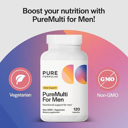 PureFormulas PureMulti for Men - Daily Comprehensive Multivitamin for Men's Health, Vitality, Energy, Focus, & Performance. Mens Vitamins A, C, D, E, & B12, Zinc Calcium, Magnesium & More 60 Capsules