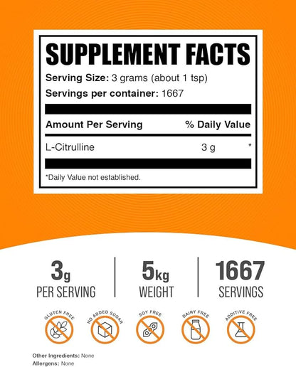 BulkSupplements.com L-Citrulline Powder - Citrulline Supplement, Citrulline Powder - L-Citrulline 3000mg, Unflavored & Gluten Free - 3g per Servings, 5kg (11 lbs) (Pack of 5)
