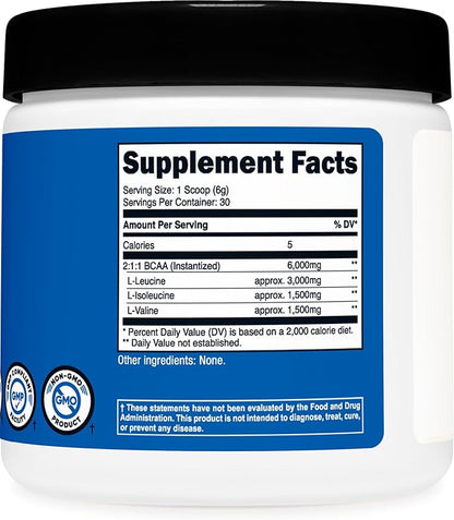 Nutricost BCAA Powder (Unflavored, 30 Servings) - Vegetarian, Non-GMO, Gluten Free, Optimal 2:1:1 Ratio