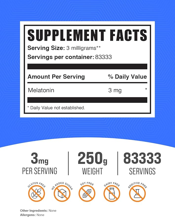 BulkSupplements.com Melatonin Powder - Sleep Supplement, Melatonin for Adults, Melatonin 3 mg - Vegan Melatonin, Pure & Gluten Free, 3mg per Serving, 250g (8.8 oz) (Pack of 1)