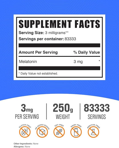 BulkSupplements.com Melatonin Powder - Sleep Supplement, Melatonin for Adults, Melatonin 3 mg - Vegan Melatonin, Pure & Gluten Free, 3mg per Serving, 250g (8.8 oz) (Pack of 1)