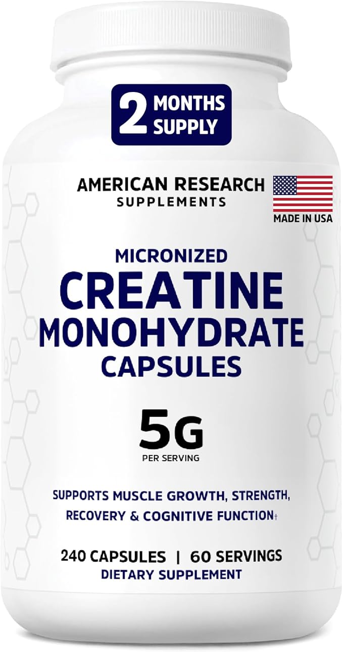 Creatine Monohydrate Capsules 5G | 60 Servings | Vegan | Micronized Creatine Pills 5000mg | 4 Capsules per Serving | 240 Capsules | Creatine Pills For Men & Women | Muscle Building | 2 Months Supply