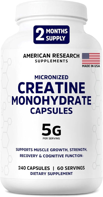 Creatine Monohydrate Capsules 5G | 60 Servings | Vegan | Micronized Creatine Pills 5000mg | 4 Capsules per Serving | 240 Capsules | Creatine Pills For Men & Women | Muscle Building | 2 Months Supply