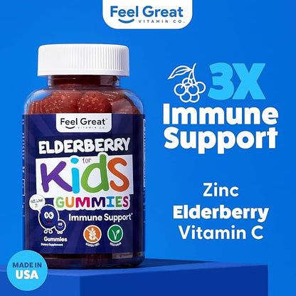 Feel Great Kids Elderberry Gummies with Zinc and Vitamin C | Kids Immune Support Sambucus Elderberry Gummies | Berry Flavored Vegan Kids Multivitamins | 60 Day Supply