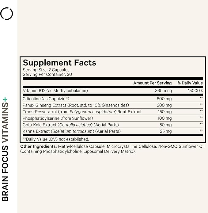 Codeage Brain Focus Vitamins+ Nootropic Supplement with Citicoline as Cognizin, Panax Ginseng, Resveratrol, Gotu Kola, Vitamin B12 Methylcobalamin - Liposomal Delivery - Non-GMO - 60 Capsules