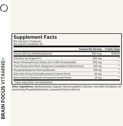 Codeage Brain Focus Vitamins+ Nootropic Supplement with Citicoline as Cognizin, Panax Ginseng, Resveratrol, Gotu Kola, Vitamin B12 Methylcobalamin - Liposomal Delivery - Non-GMO - 60 Capsules