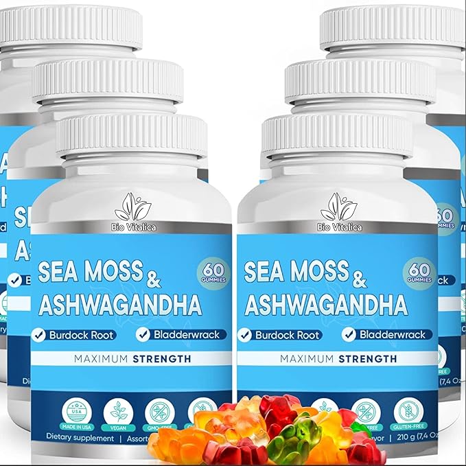 BIO VITALICA Sea Moss Ashwagandha Gummies - Organic Irish Seamoss & Ashwa Root Powder Supplements for Supporting Energy & Immunity for Men and Women