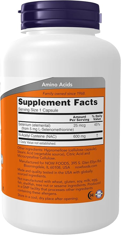 NOW Supplements, NAC (N-Acetyl Cysteine) 600 mg with Selenium, 250 Veg Capsules