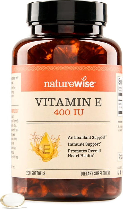 NatureWise Vitamin E 400 IU Softgels (180mg DL-Alpha) - Dairy, Gluten, and Soy Free, Non-GMO Antioxidant Dietary Supplement for Skin, Heart, Eye, and Immune Health Support - 200 Count