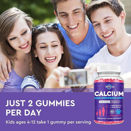 Calcium Potassium Magnesium Gummies for Kids & Adults, with Hydrolyzed Collagen, Zinc, Phosphorus, Multivitamin for Sleep, Bone Strength, Density Support, Sugar Free,Raspberry 60 Gummies