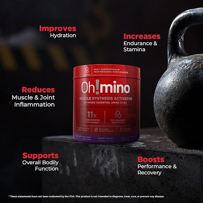 Oh!mino Amino Acid Energy Blend - Pre-Post Workout Powder, BCAA Amino Acids, Workout Recovery Drink, Muscle Synthesis Activator, Caffeinated Berry Blast, 280 g, 40 Servings
